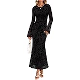 ZESICA Women's Long Sleeve Floral Bodycon Dress 2026 Spring Fall Ruched Mesh Wedding Guest Cocktail Party Maxi Dresses
