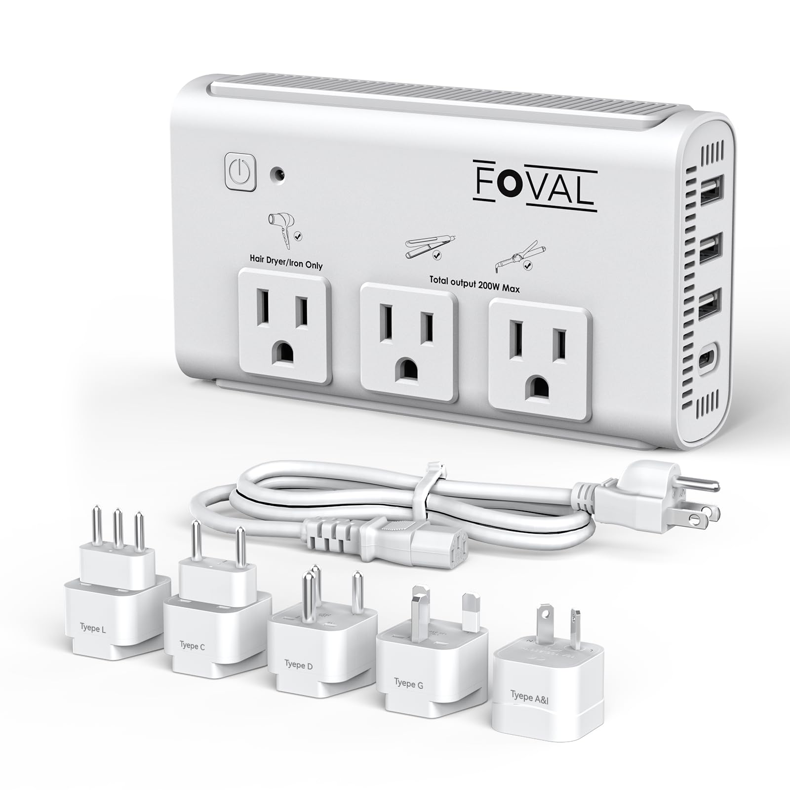 Photo 1 of 220V to 110V Travel Voltage Converter, FOVAL 2000W International Power Converter for Hair Dryer, Straightener/Curling Iron with 4-Port USB (1 USB C), Step Down Transformer for US/EU/UK/AU/Italy/India