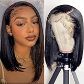 Bob Wig Human Hair 13x4 HD Transparent Lace Front Wigs Human Hair Pre Plucked with Baby Hair 180% Density Glueless Short Bob Wigs for Women Straight Bob Frontal Wigs for Women Natural Black 12 Inch