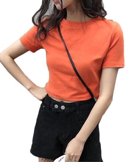 Amazon エージョン レディース 夏 半袖 ｔシャツ 無地 ショート丈 着痩せ へそ出し シャツ トップス 夏 ファッション オレンジ Tシャツ カットソー 通販