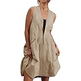 Fisoew Women's Sleeveless Tank Mini Dress Casual Half Zip V Neck Loose Mesh Back Utility Summer Dresses with Pockets Khaki