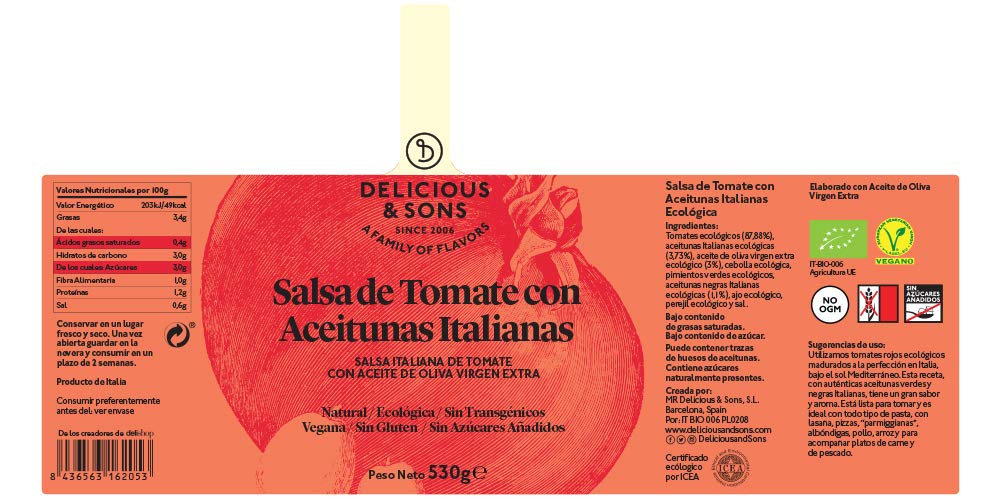Delicious & Sons Salsa de Tomate con Aceitunas Italianas Ecológica ...
