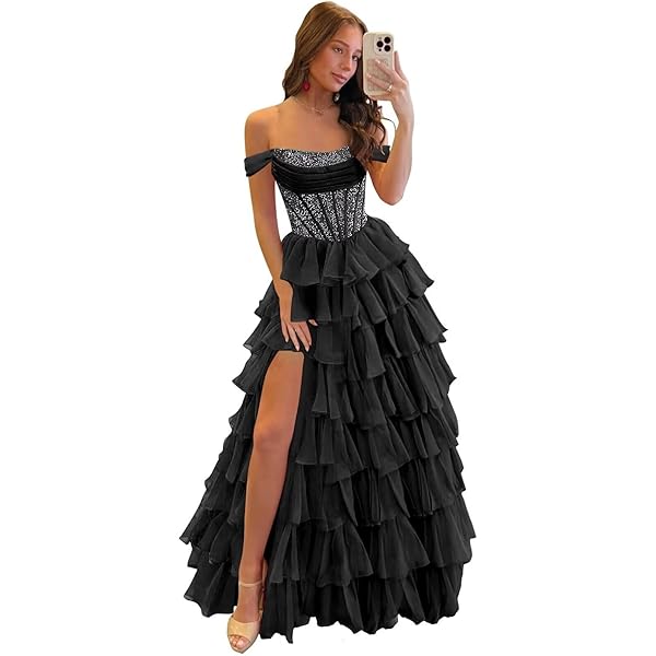 Amazon.com: Memphty Strapless Corset Ruffle Prom Dresses Black Long Tiered  Tulle Formal Evening Ball Gowns with Slit : Clothing, Shoes & Jewelry