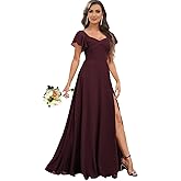 INEWER Flutter Sleeve V Neck Slit Bridesmaid Dresses Long for Women Ruched Chiffon Empire Waist Formal Gowns with Pockets
