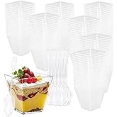 LOSYHU 100 Pack 7 oz Square Plastic Dessert Cups Mini Parfait Cup Plastic Pudding Cups Clear Appetizer Cup with 100 PCS Tasting Spoons for Ice Cream, Salad, Jello, Mousse