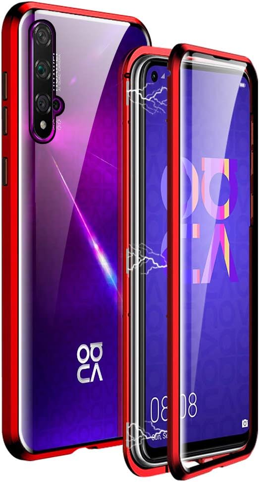 IGUCAC Case for Huawei Nova 5T / Honor 20 Case,2 in 1 Magnetic Adsorption Cover with Front/Back Tempered Glass and 360 Degree Full Coverage Anti-Scratch Metal Protection for Huawei Nova 5T,Red
