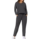 TIYOMI Plus Size 2 Piece Outfits for Women Lounge Sets Knit Sweatsuit Long Sleeve Pullover Tops Round Neck Lounge Tracksuit Workout Travel Loungewear Sets Jogger Pant Pajama Set Fall Winter Grey 3XL