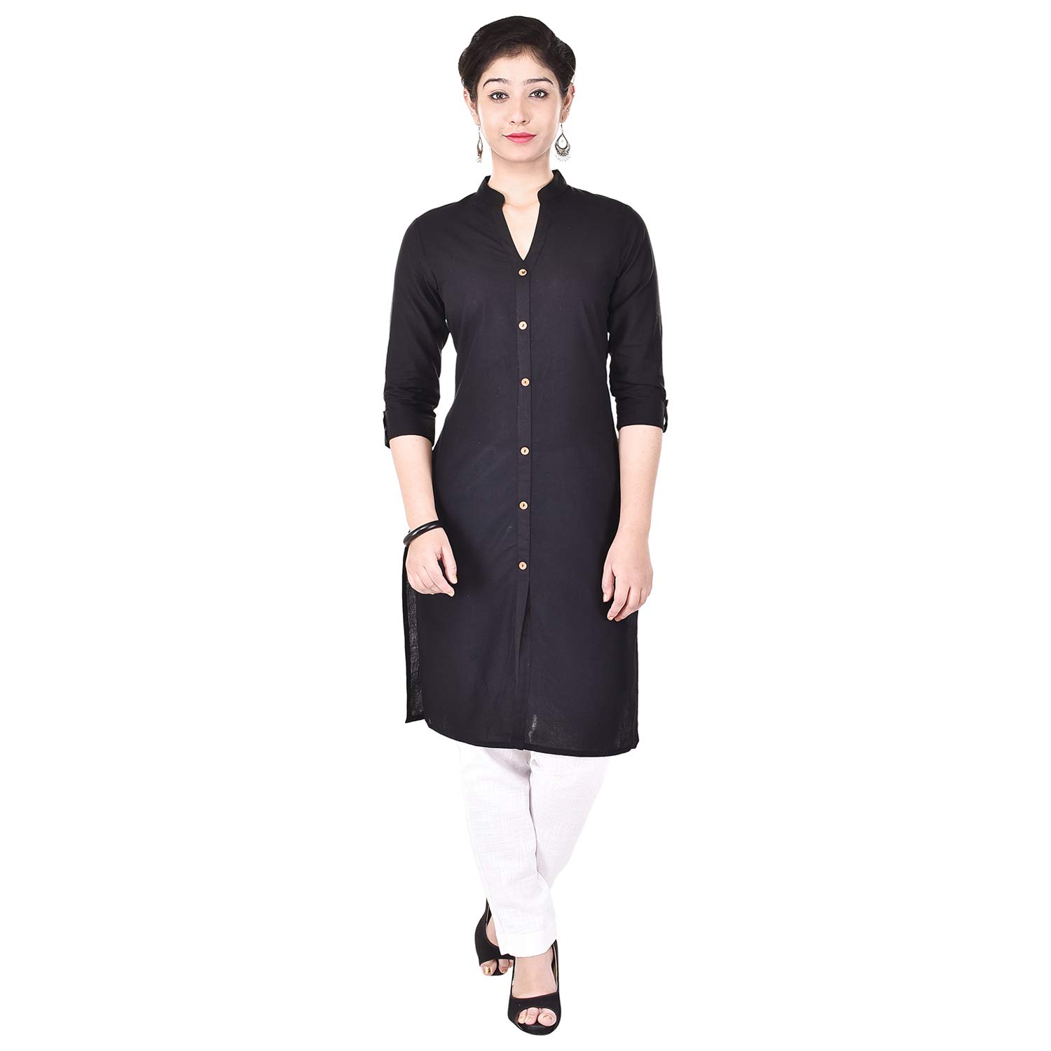 grapz cotton solid straight kurti(kurti length-40) black