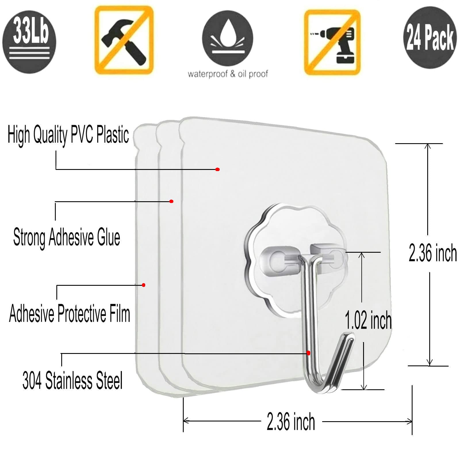 24 Pack Heavy Duty Self Adhesive Hooks - 33lb Max, Transparent, Waterproof, Sticky Wall Hooks for Keys, Bathroom, Shower, Outdoor, Kitchen, Door, Home Improvement, Utility