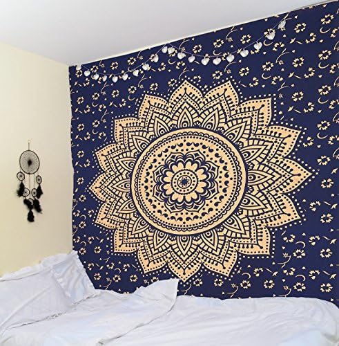 Blue Gold Orion Medallion Wall hanging - Ombre Mandala Tapestry - Indian Wall Decor - Bohemian Wall Art - 100% Cotton - 84X90 Inches by RawyalCrafts