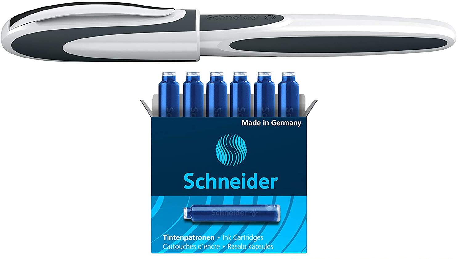 Schneider Ray Rollerball Pen with Stainless Steel Tip Includes 1 Pack of Blue Ink Cartridges Made in Germany White / Grey