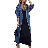 MJFCS YAENH Women's Vintage Notched Collar Double Breasted Plus Size Loose Over Knee Denim Jacket Trench Coat with Belt