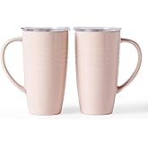 famiware Jupiter Large Coffee Mug, 20oz Coffee Mug with Lid, Ceramic Mugs Set of 2, Cup Set with Handle for Latte, Tea, Cocoa, Milk, Home & Office, Microwave and Dishwasher Safe, Light Pink