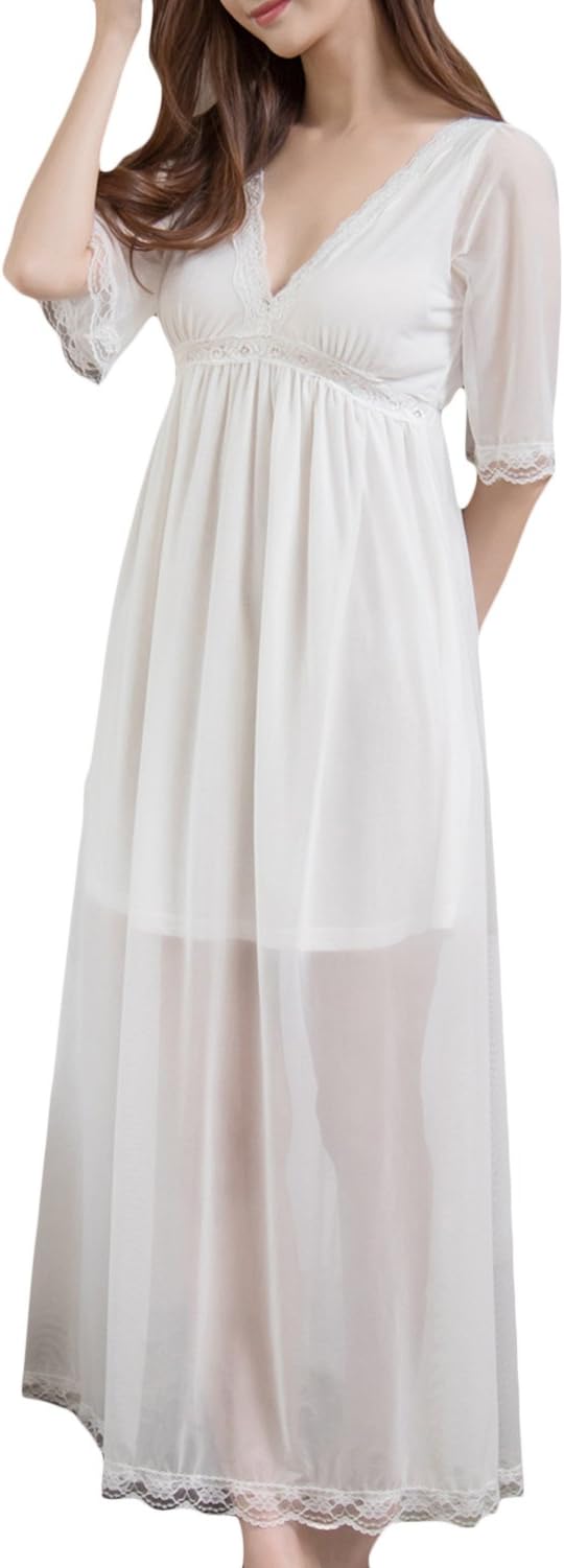 Women's Nightgown Cotton V-Neck Pajama Nightwear Long Sleeve Victorian Vintage Sleepwear Lounge Dress