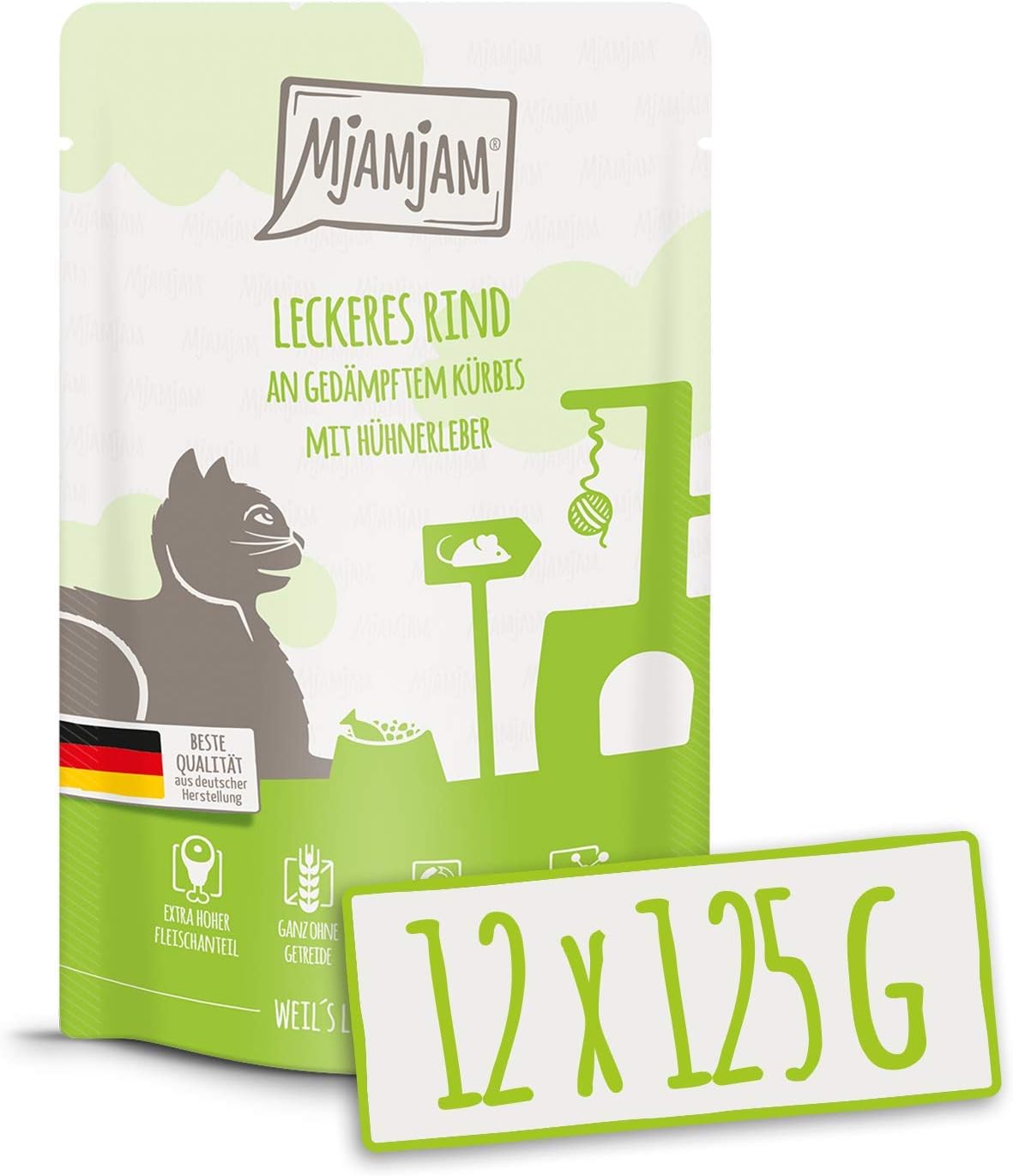MjAMjAM, premium wet food for cats, Quetschie, delicious beef with steamed pumpkin, pack of 12 (12 x 125 g)