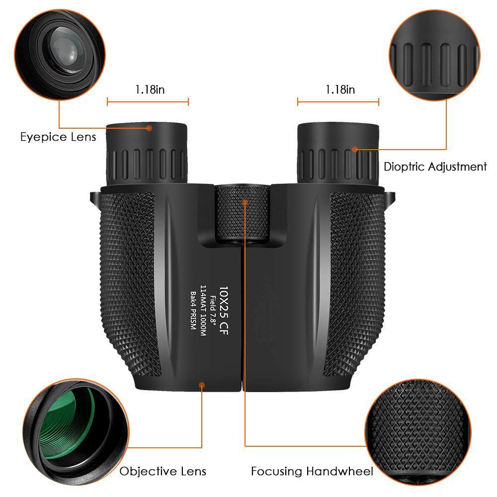 10x25 High Powered Binoculars with Weak Light Night Vision for Concert Theater Waterproof Compact Binocular Great for Bird Watching Hiking Traveling, Sightseeing Gift for Adults Kids Boys