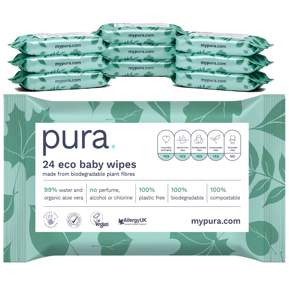 Pura Travel Baby Wipes 100% Plastic Free, 99% Water, Suitable for Sensitive Skin & Eczema Prone Skin, Hypoallergenic. Biodegradable, Compostable, Vegan, 28 x 24 per pack, (672 Wet Wipes)