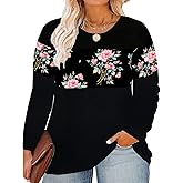 CARCOS Plus Size Tops for Women Color Block Flower/Striped/Camo Crew Neck Long Sleeve Tee Shirt
