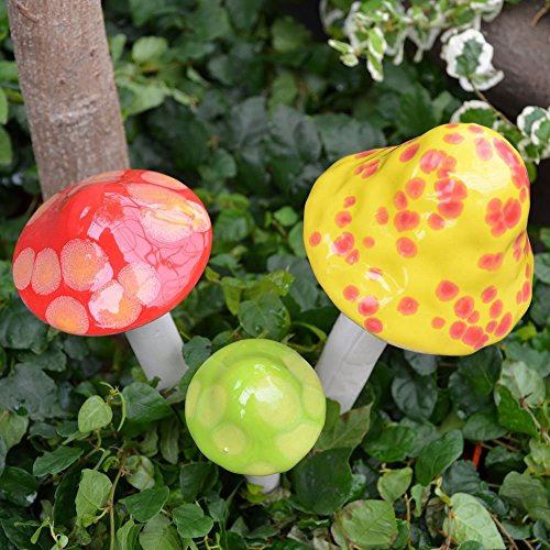 Mushroom Ceramic Garden Stakes - 3 Handmade Outdoor Ornament Decor - Made In USA - Toadstools for Lawns, Planters, Gardens, & Yards. Colors: Yellow, Red, Light Green