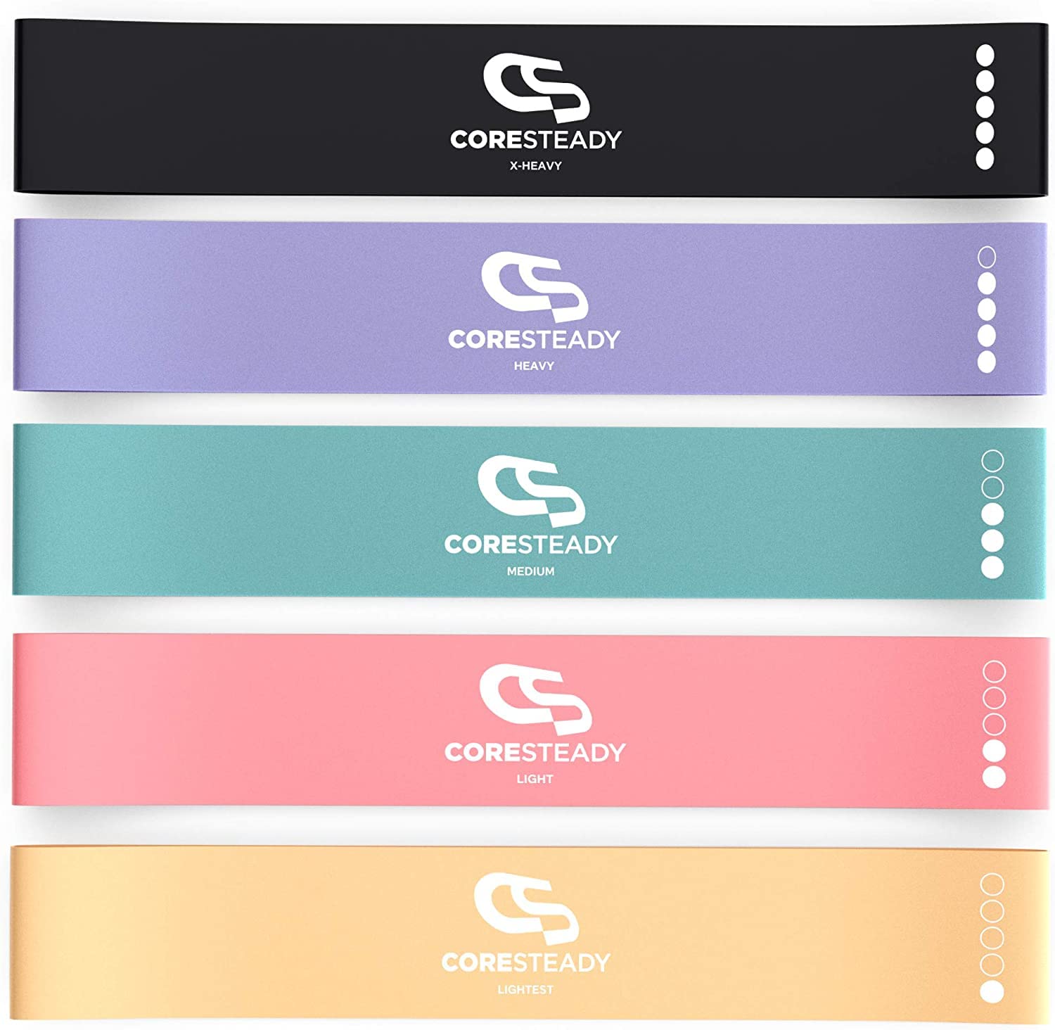 Coresteady Resistance Bands Set of 5 - Mini Fitness & Loop Exercise Band for Men & Women - Yoga, Body & Gym Sport Resistance Loop Bands for Strength, Muscle & Tone - With E-Guide & Travel Bag