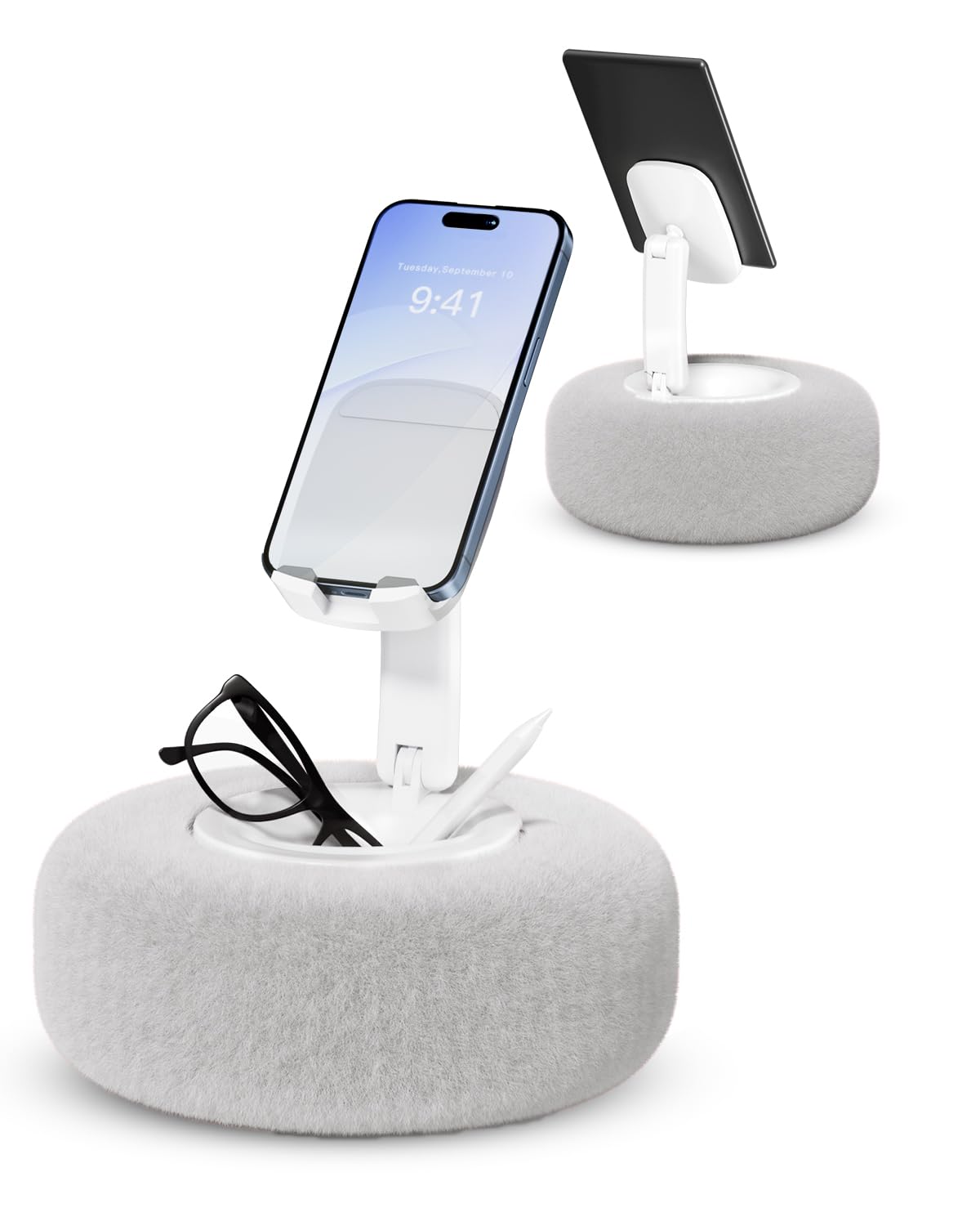 Photo 1 of SupeDesk Phone Stand with Pillow, Adjustable iPhone Stand with Anti-Slip Strips, High-Viscosity Pads – Compatible with 4"-7" Devices, Including iPhone, iPad, Kindle, and Android (Grey)