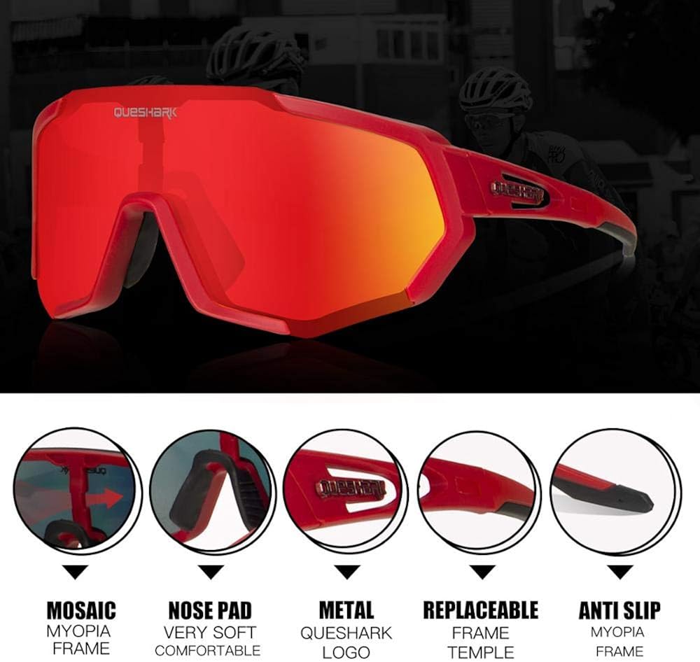 Queshark Cycling Glasses, Sports Sunglasses, Polarized Cycling Glasses with 3 Interchangeable Lenses, Red - Image 4