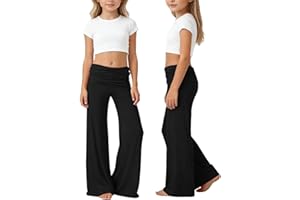 Coral Fold Over Pants Girls Wide Leg Flared Leggings Low Rise Lounge Pants Kids Y2K Palazzo Bottoms for Yoga Dance Loungewear