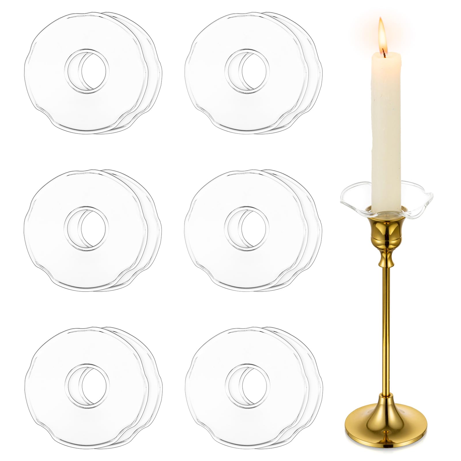 Hewory Glass Bobeches for Candlesticks, 12 Pcs Glass Candle Drip Catcher, Church Candles Living Room Decor, Scallop, Clear