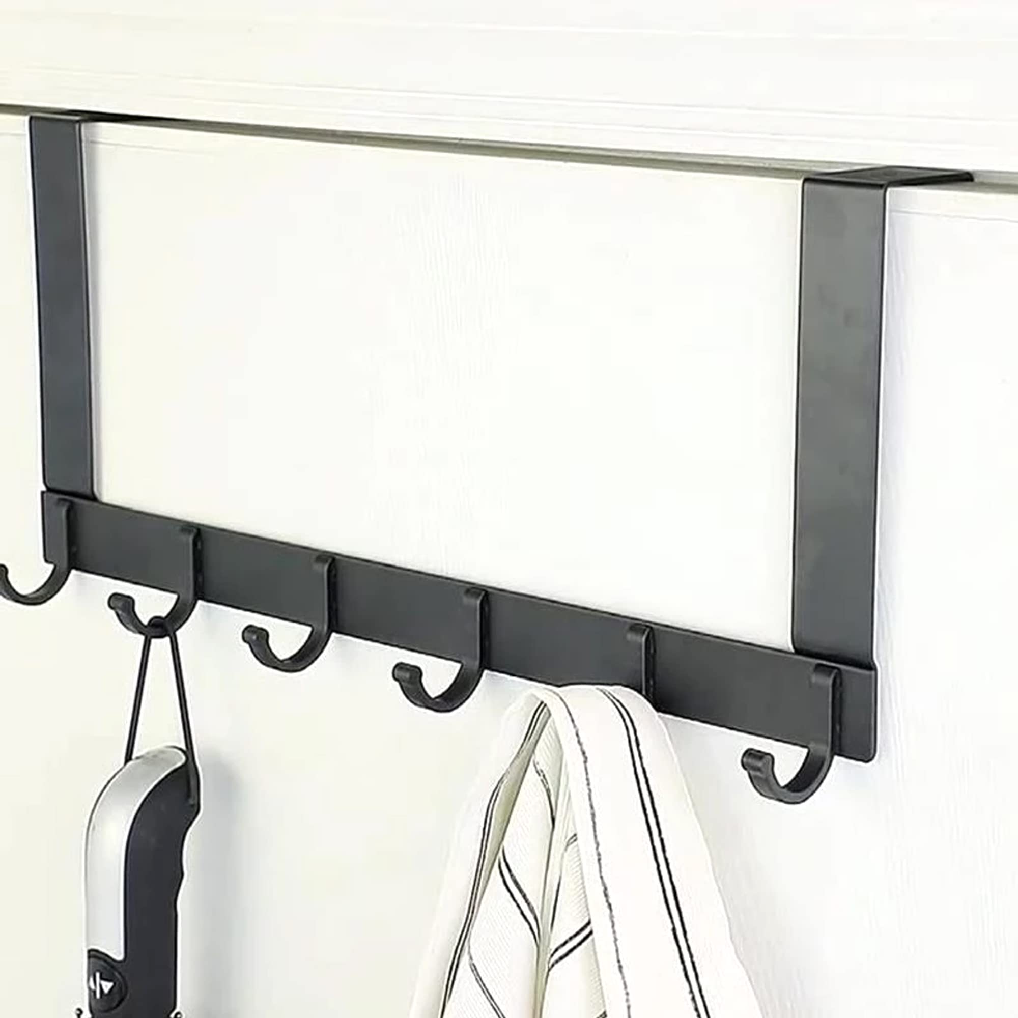 SystemsEleven Over Door Hooks Coat Hangers Over The Door Hooks Heavy Duty Door Hanger for Coats Robes Hats Clothes Towels Hanging Towel Rack Organizer (Black - 6 Hooks)