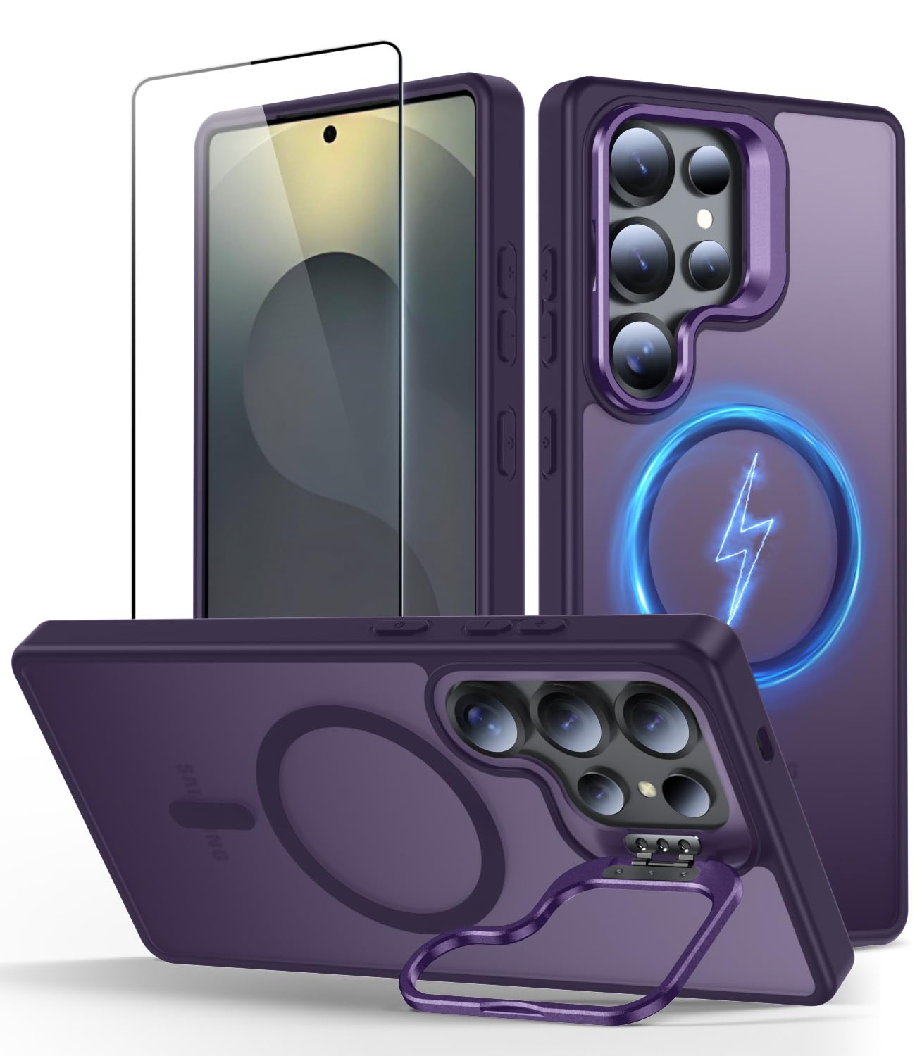 Norllben Magnetic for Samsung Galaxy S25 Ultra Case with Screen Protector & Adjustable Stand, MagSafe Compatible, Military-Grade Shockproof Protection, Translucent Matte Cover, Deep Purple