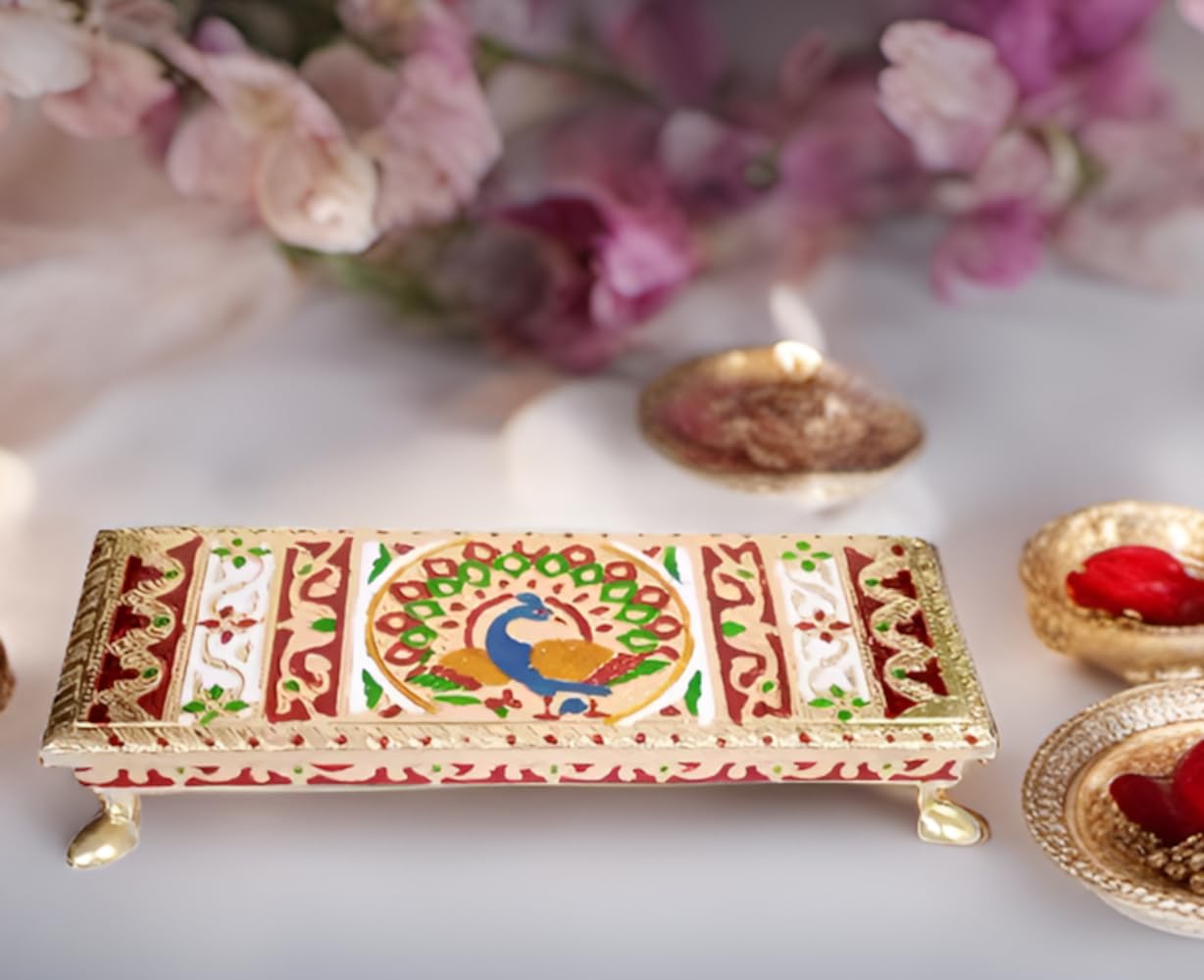 Purpledip Wooden Aasan Chowki With Meenakari Work: Peacock Design Rectangle Plinth Stool Stand For Placing Idols, Vases or Artefacts (12665A)
