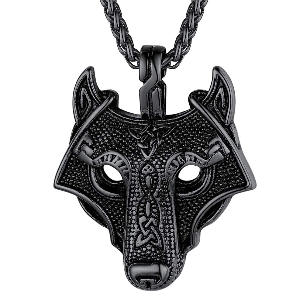 FaithHeart Wolf Necklace for Men Norse Mythology Jewelry Black Plated Fenrir Wolf Pendant Stainless Steel Nordic Viking Gifts for Boyfriends Husband