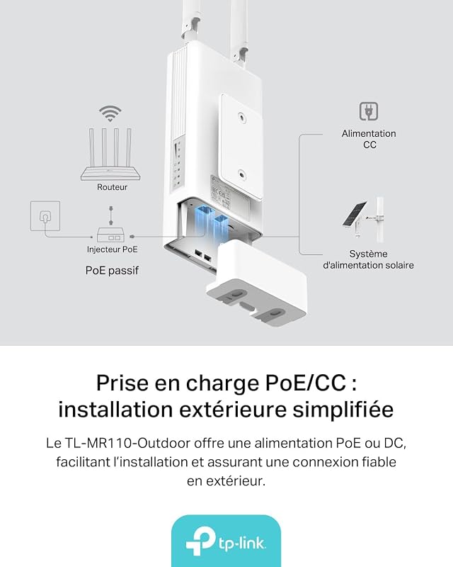 TL-MR110-Outdoor Routeur 4G LTE jusqu'à 150 Mbps, WiFi 300 Mbps, Étanche IP65, WiFi N300, Antennes 4G Amovibles, Idéal Zones Rurales et Sites Distants, Plug & Play, sans Box, Montage Facile