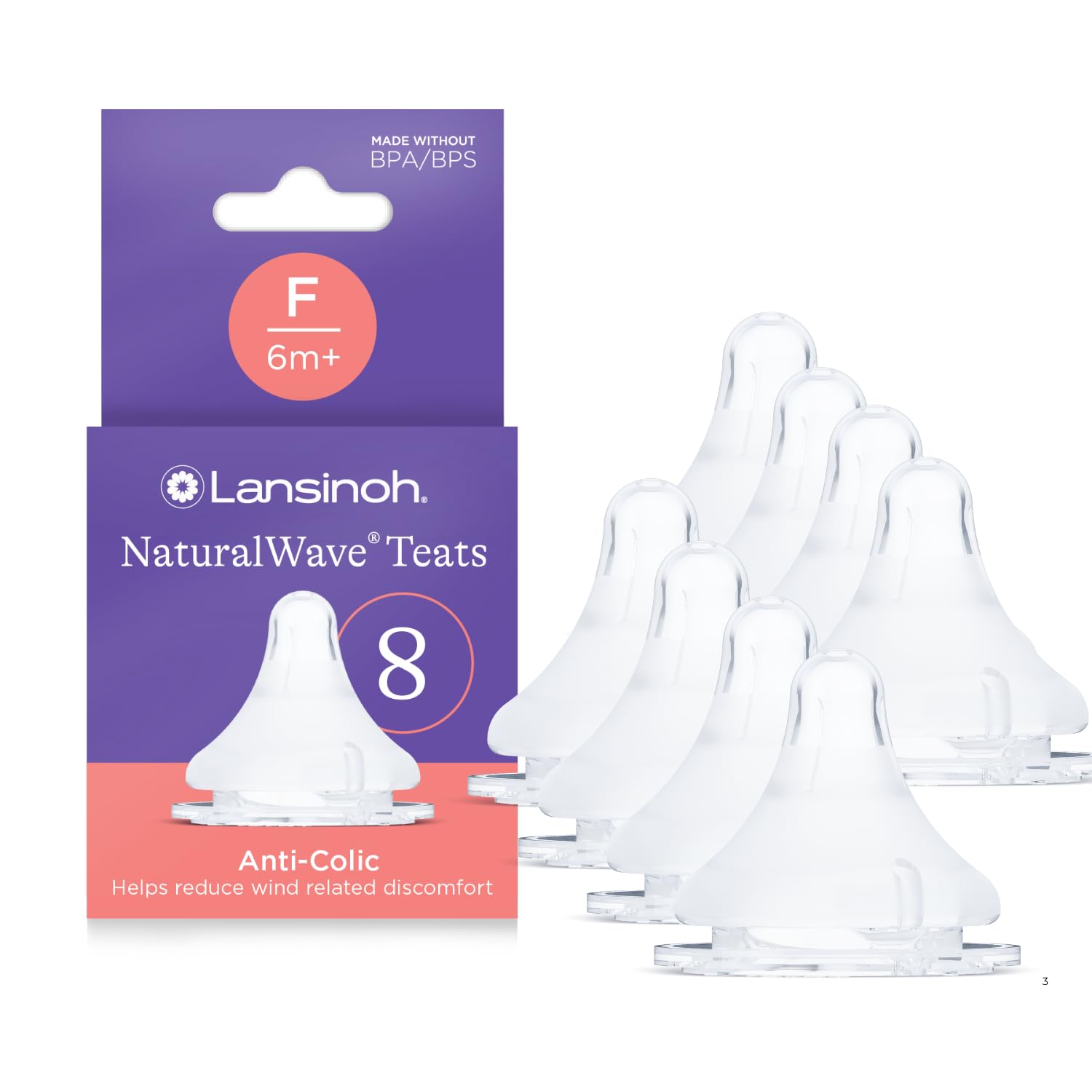 Lansinoh NaturalWave Baby Bottle Teats - Fast Flow - 8 Pack - Anti-Colic Air Vent - BPA & BPS-Free - Clinically Proven to Reduce Nipple Confusion - Compatible with Lansinoh Bottles