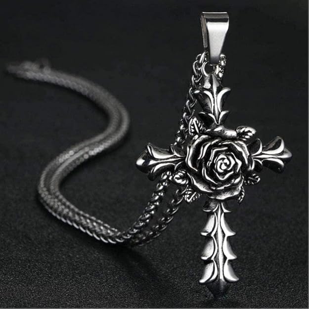 Aluyouqi Co.,ltd Stainless Steel Rose Flower Cross Pendant Necklace
