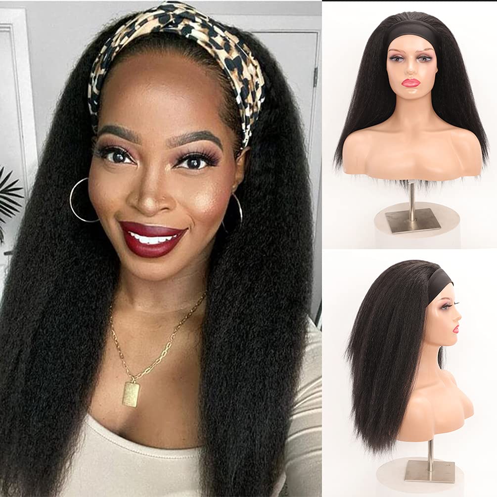 Kinky Straight Headband Wigs for Women Long Black Wig Yaki Straight Synthetic Hair Wigs with Black Headband 22 Inches for Daily Party Use