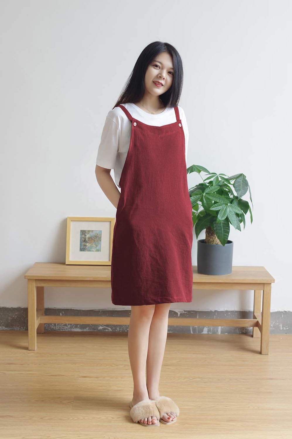 AOBBYBBS Adjustable Kitchen Apron Japan Style Cotton Linen with 2 Pockets Pinafore Apron For Women,Chef,Waitress,Hairstylist Fits for Grill,BBQ,Paint Cross Back H Shoulder Straps (DarkRed) - Image 4