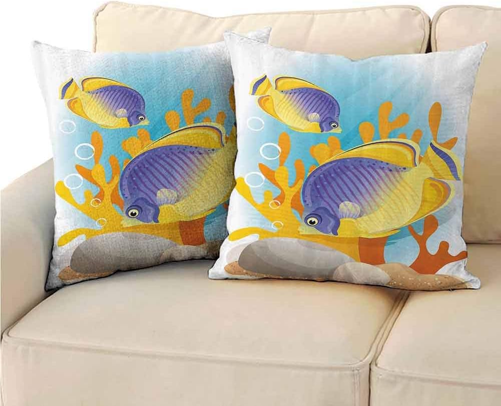 QIAOQIAOLO Ocean Bedroom Pillowcase Sealife Marine Navy Cartoon Design Exotic Wild Tiny Aquarium Fish Art (2 PCS) Room Decoration 20x20 Inch Aqua Blue and Mari Gold