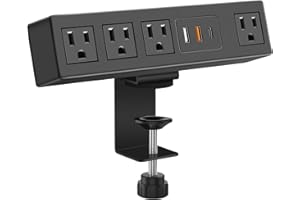 CCCEI Desk Clamp Power Strip with USB-A and USB-C Ports, Desktop Mount Surge Protector 1200J, Widely Spaced Desk Outlet Station, Fast Charging, 6 FT Flat Plug, Fit 1.9 inch Tabletop Edge. (Black)