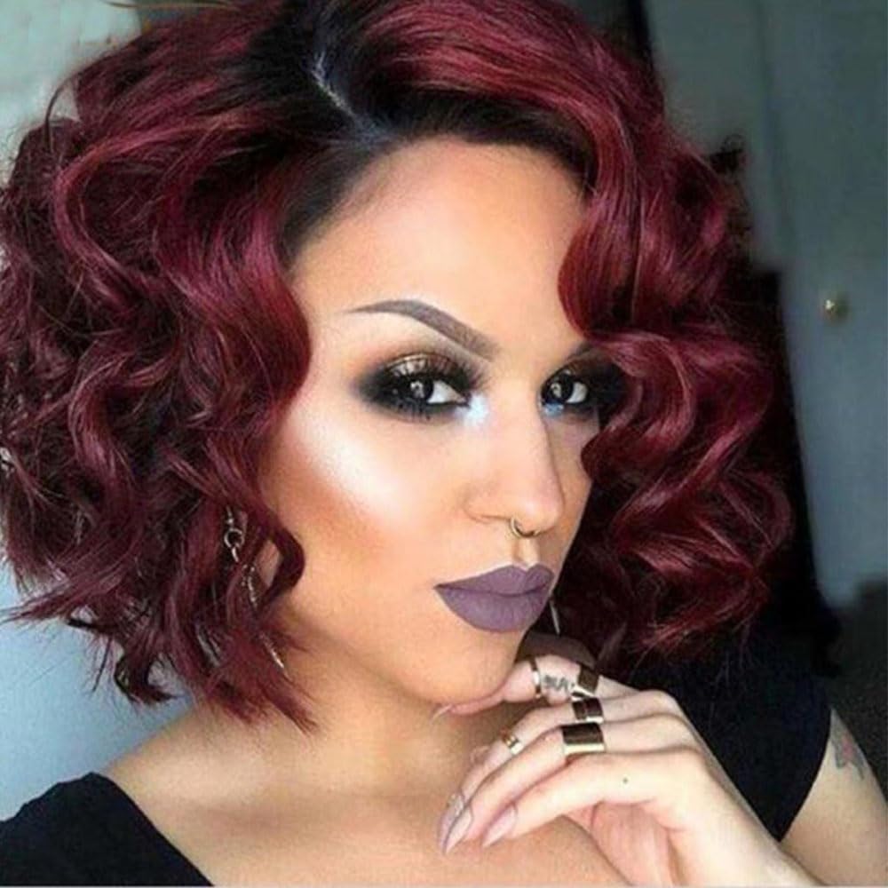 FASHION IDOL Short Water Wave Lace Front Bob Wigs for Women Human Hair Kinky Curly wig Side Part Shouder Lenth Wig Pre plucked with Baby Hair Natural Black 150% Density (12 Inches, TT1B/99J)