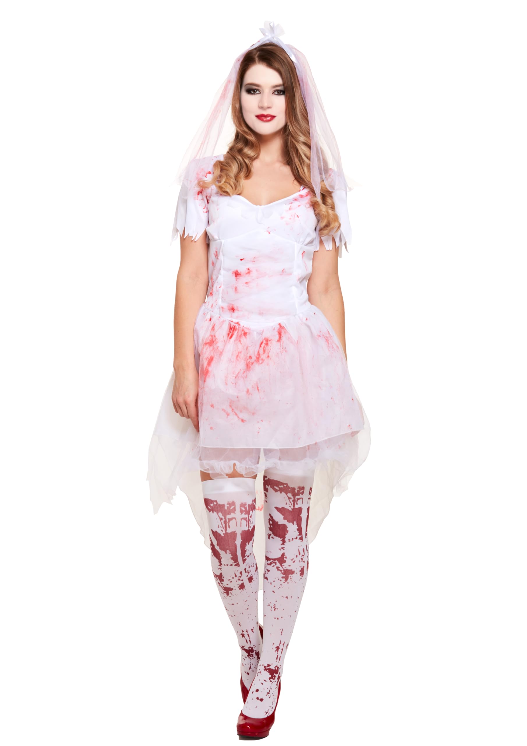 HENBRANDT Bloody Bride Horror Halloween Costume - Terrifying One Size Adult Fancy Dress Outfit with Dramatic Blood Splatter White Wedding Gown & Veil