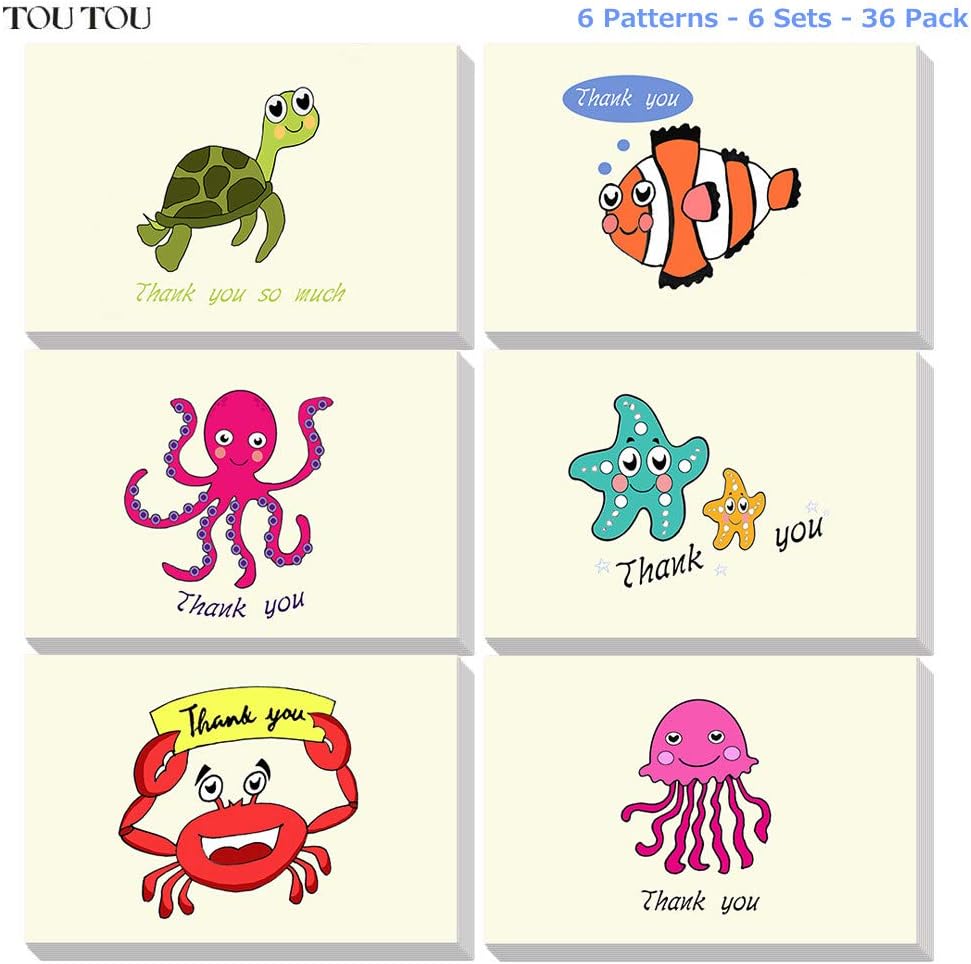 TOUTOU 36 Pieces Assorted Pack Thank You Cards with 36 Envelopes and 36 Stickers for Wedding, Graduation, Baby Shower, Bridal Party, Anniversary - Blank Inside 4x6 inch (Marine Life)
