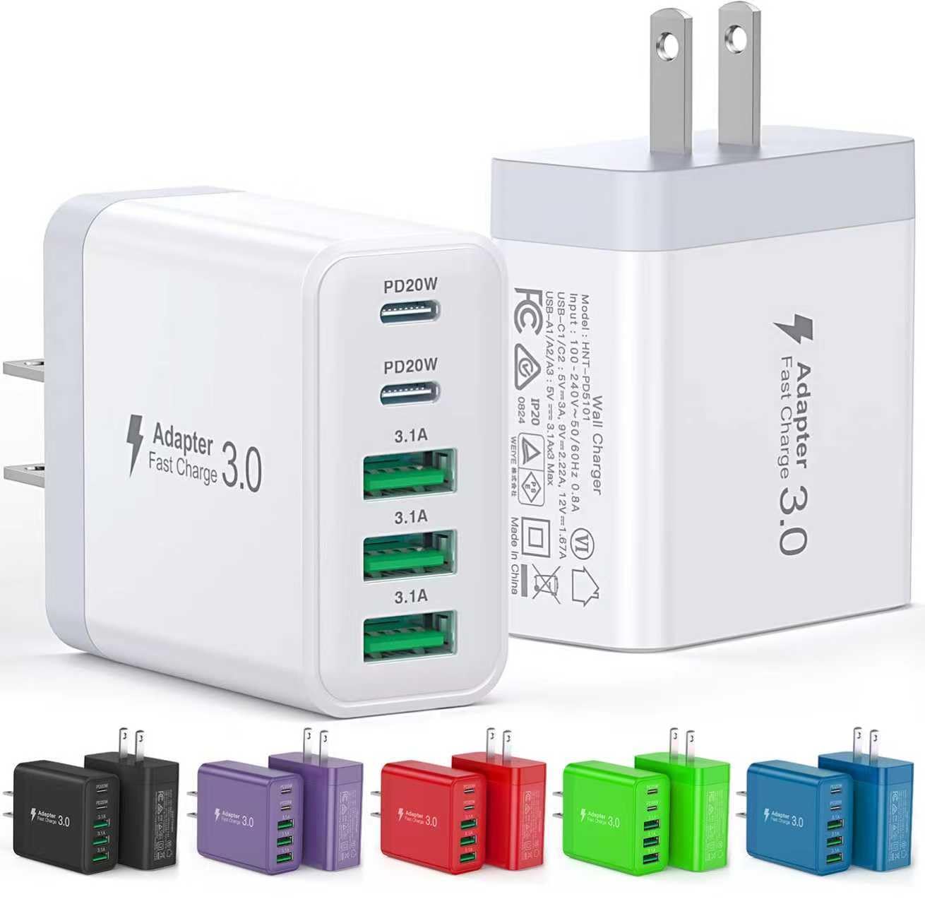 [2-Pack] USB C Wall Charger, 60W Fast USB C Charger Block, 5-Port PD Power Adapter + QC Wall Plug Multiport Type C Charging Block Cube Compatible with iPhone 17 16 15 14 13 12 Pro Max XR XS, Tablets
