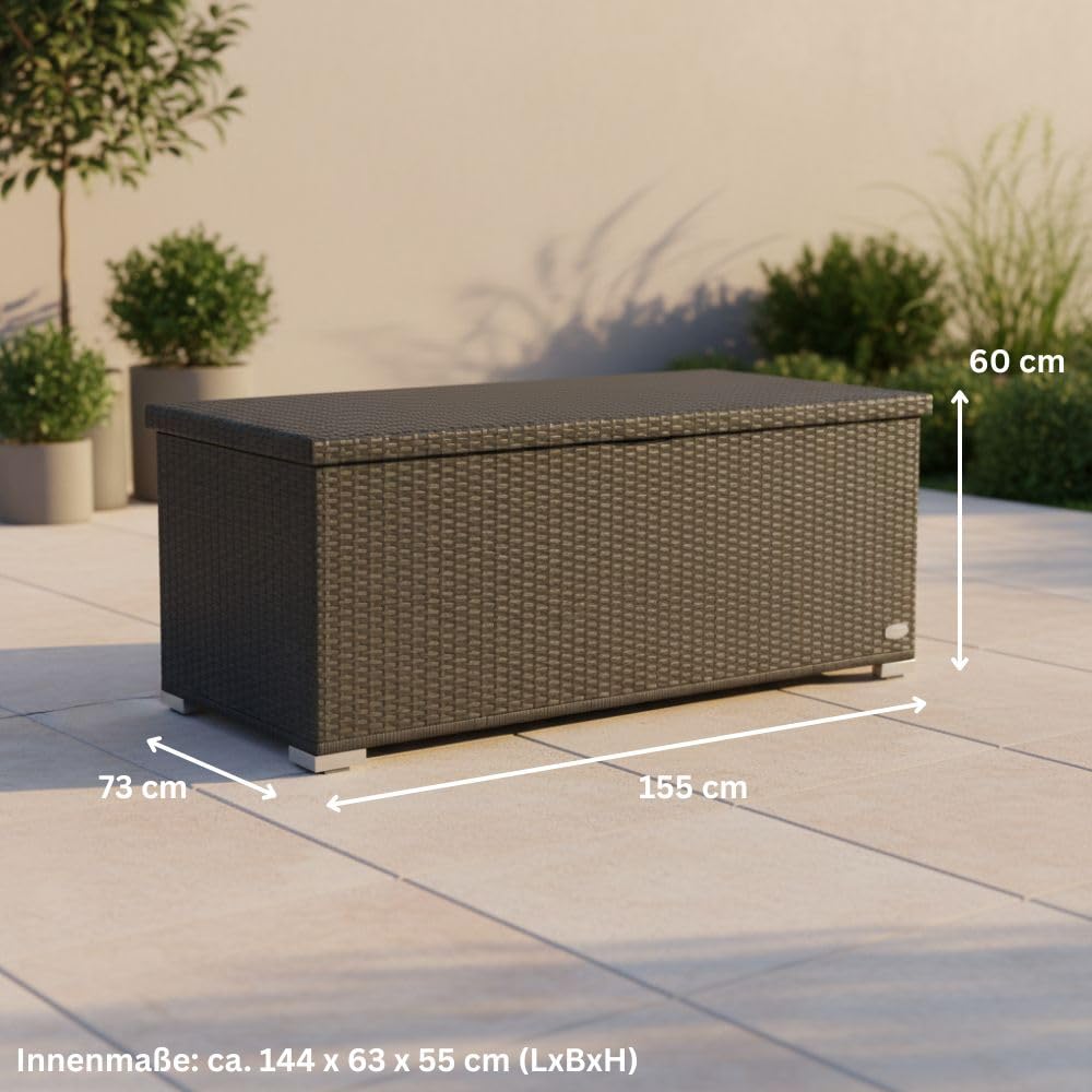 RS Trade Auflagenbox wasserdicht, Gartenbox, Aufbewahrungsbox Garten, Kissenbox Outdoor, Gartentruhe, große Gartenkiste für Polster, wetterfeste Garten-Aufbewahrung, Polyrattan, 650l, silber 7