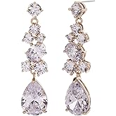 Bridal Earrings for Wedding - 14k Plated Elegant Teardrop CZ Cubic Zirconia Crystal Rhinestone Sterling Silver Floarl Leaf Cluster Chandelier Statement Dangle Drop Earrings for Bride Bridesmaids