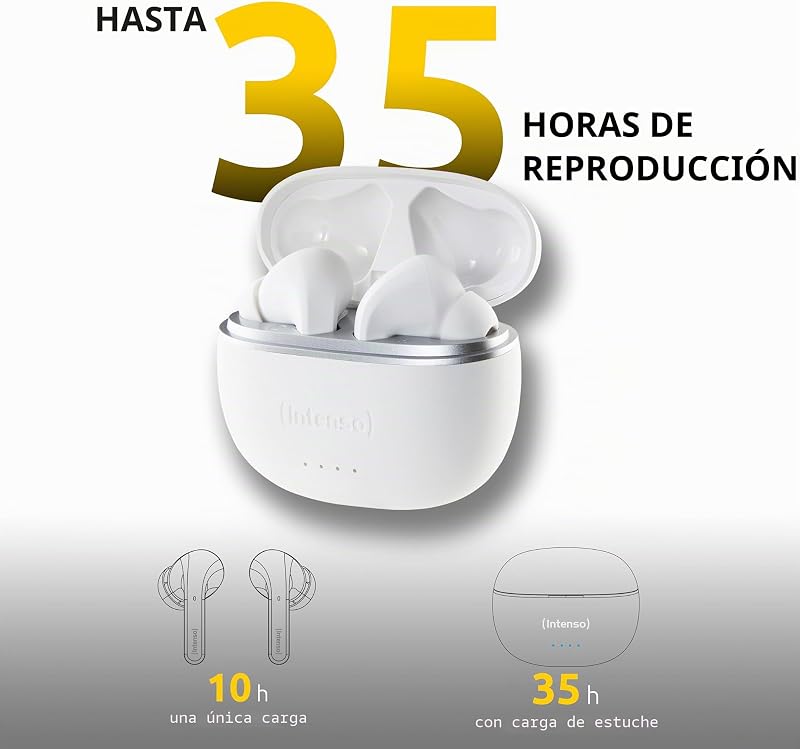 Intenso White Buds TWS - Auscultadores T302A sem fios verdadeiros com cancelamento de ruído ativo e até 35 horas de reprodução de música, branco
