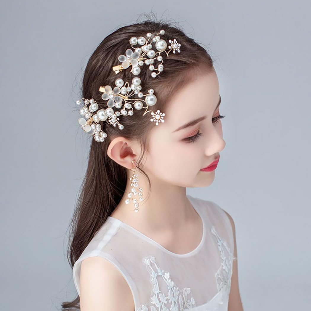 IYOU Pearl Princess Headpiece Gold Flower Communion Hair Clips Bridal Wedding Hair Piece Accessories for Girls(3 Pcs)