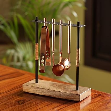 ExclusiveLane Cane Handwoven Bar Cutlery Set in Sheesham Wood, Brass Coated Steel and Iron (Set of 4) (Dark Brown and Black)