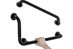 Black L-Shaped Grab Bar 12x24 Inch + Knurled Shower Grab Rail 20 Inch, Zepolu Stainless Steel Toilet Safety Bar 90 Degree, Angled Balance Support Assist Bar for Elderly, Bathroom Mobility Aid Handrail