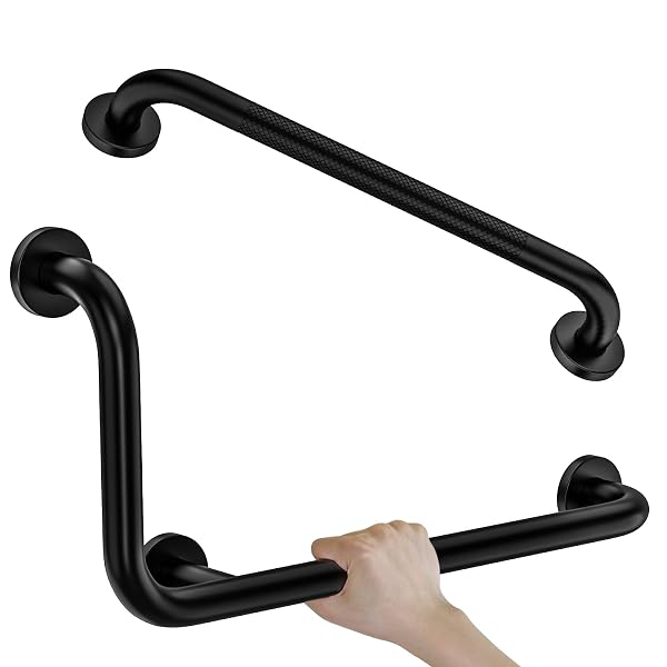 BLACK L-SHAPED GRAB BAR 12X24 INCH + KNURLED SHOWER GRAB RAIL 20 INCH, ZEPOLU STAINLESS STEEL TOILET SAFETY BAR 90 DEGREE, ANGLED BALANCE SUPPORT ASSIST BAR FOR ELDERLY, BATHROOM MOBILITY AID HANDRAIL